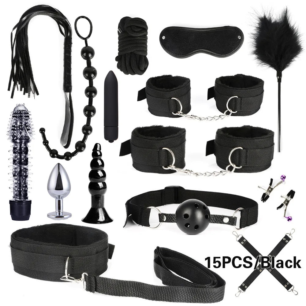 Sexy leather BDSM plush bondage bundle set blindfold handcuffs whip sex toys for women Nipple clip butt plug Exotic sex toys