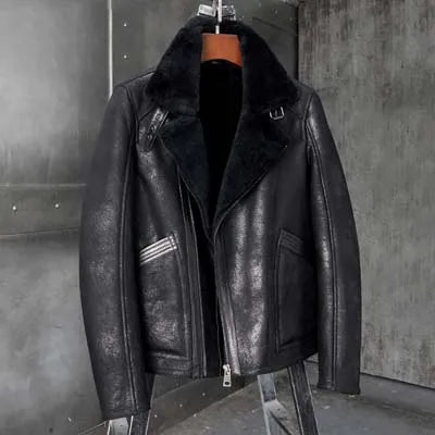 Denny&Dora Men's Brown Leather B3 Shearling Flight Jacket Short Fur Motorcycle Parkas Fashion Overcoat