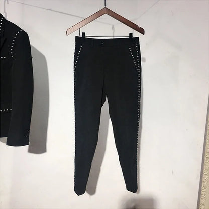 Suit Jacket Set Men England Style Black Single Breasted Slim Fit Blazer Pants Two Piece Set Fashion Night Club Rivets Coat