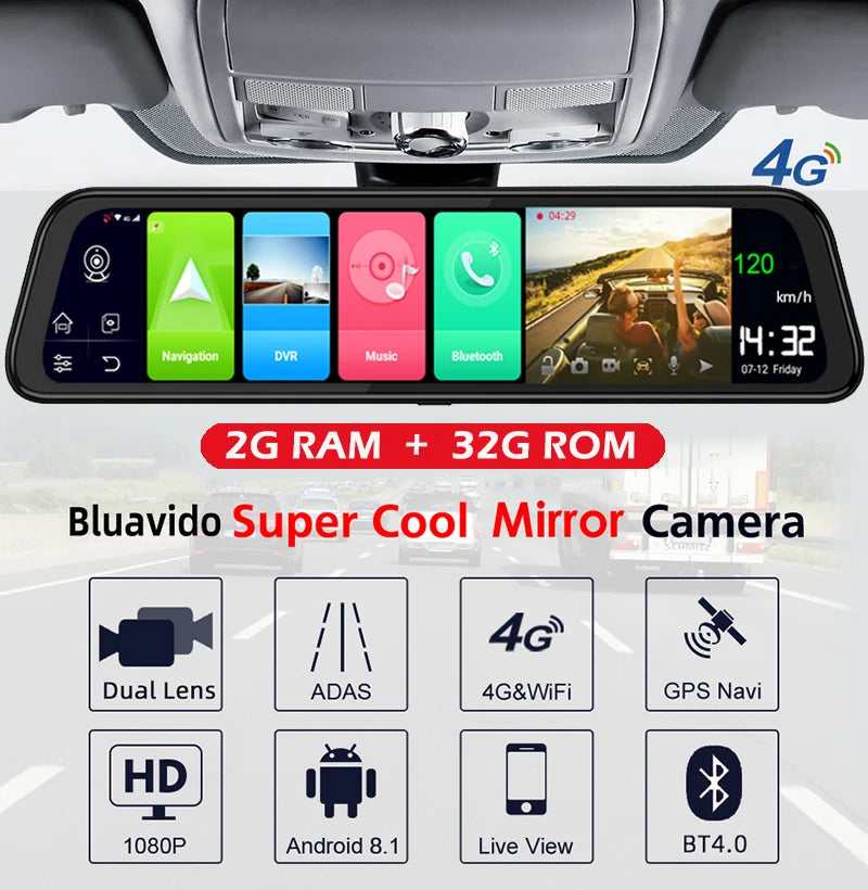12" Car GPS Rearview Mirror Z68 Android 8.1 GPS Navigation ADAS Parking Monitoring DVR Camera 2G+32GB Dash Cam Video Recorder
