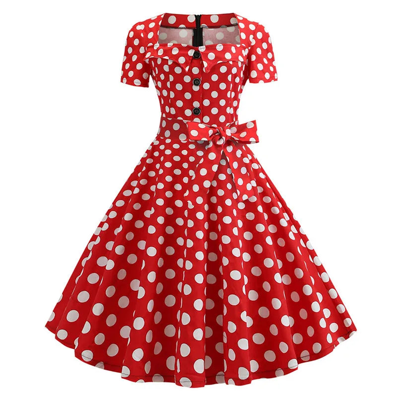 Women's Polka Dot Summer Midi Dress Square Collar Short Sleeve Elegant Vintage Casual Party Holiday Wear