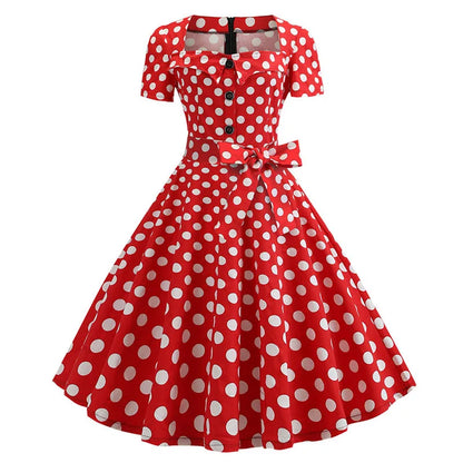 Women's Polka Dot Summer Midi Dress Square Collar Short Sleeve Elegant Vintage Casual Party Holiday Wear