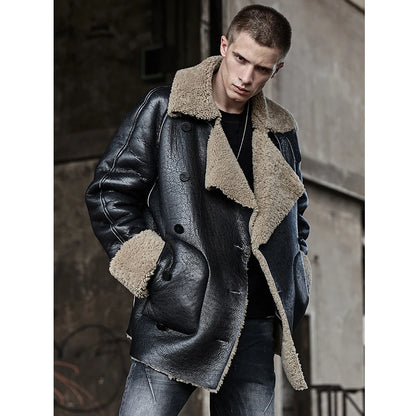 Denny&Dora Mens Sheepskin Shearling Jacket Fur Coat Leather Jacket Fashion Loose Thick Winter Mens Coats