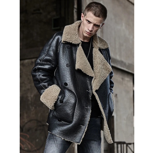 Denny&Dora Mens Sheepskin Shearling Jacket Fur Coat Leather Jacket Fashion Loose Thick Winter Mens Coats