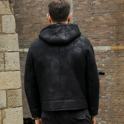 Denny&Dora Men's Shearling Jacket Black B3 Jacket Genuine Leather Sheepskin Hooded Winter Coat