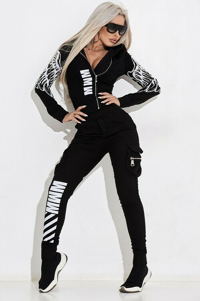 Oshoplive 2025 New Autumn Winter Female Fashion Wing Printed Hooded Zipper Jackets & Elastic Waist Pants Sports Two Piece Set