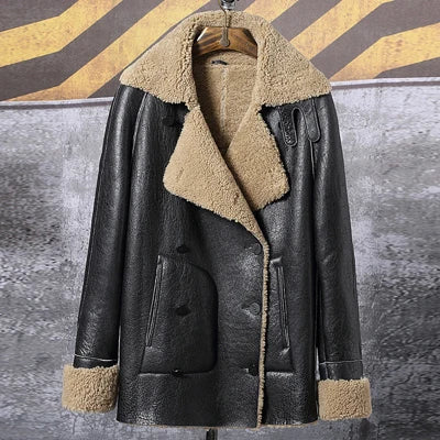 Denny&Dora Mens Sheepskin Shearling Jacket Fur Coat Leather Jacket Fashion Loose Thick Winter Mens Coats
