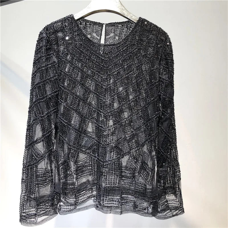 Fashion Sequin Beading Shirt Women Luxury Sexy Full Sleeve O-neck Pullovers Tops