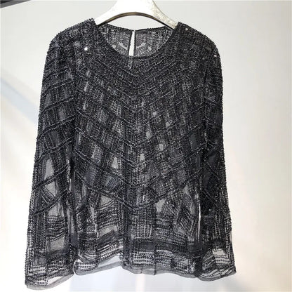 Fashion Sequin Beading Shirt Women Luxury Sexy Full Sleeve O-neck Pullovers Tops