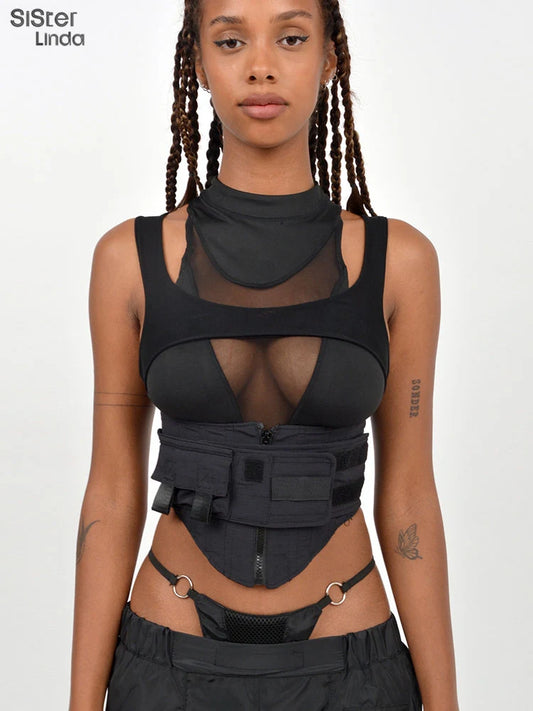 Sisterlinda Spring Mesh Patchwork Sexy Cool Moto Y2K Tank Top Women Skinny Belt Zip Multi-Layer Sporty Locomotive Trend Vest2022