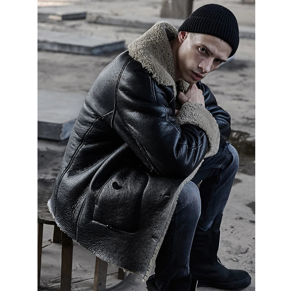 Denny&Dora Mens Sheepskin Shearling Jacket Fur Coat Leather Jacket Fashion Loose Thick Winter Mens Coats