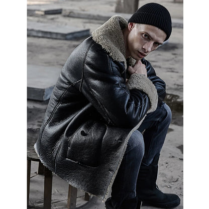 Denny&Dora Mens Sheepskin Shearling Jacket Fur Coat Leather Jacket Fashion Loose Thick Winter Mens Coats