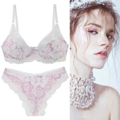 Women Ultra-thin BCDE Cup Mesh Lace Underwear Transparent Bra Sets Beauty Back Hollow Embroidery Female Lingerie