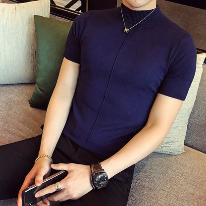 7 Colors Half High Collar Men T-shirt New 2026 Summer Short Sleeve  Solid Color Sweater Pullover T Shirt Slim Knitted Tees Top