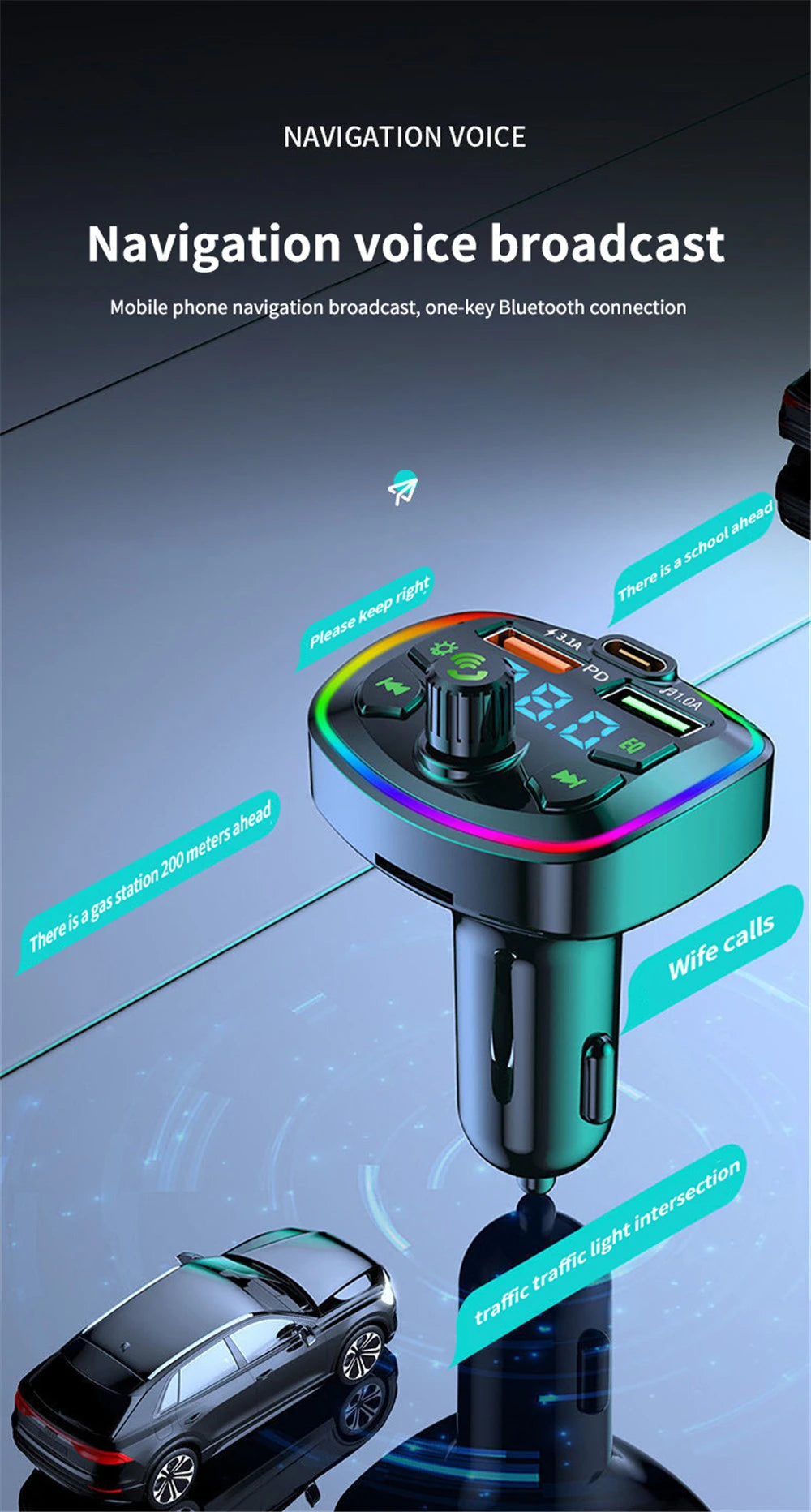 Car Bluetooth 5.0 FM Transmitter PD 18W Type-C Dual USB 4.2A Fast Charger LED Backlit Atmosphere Light MP3 Player Lossless Music