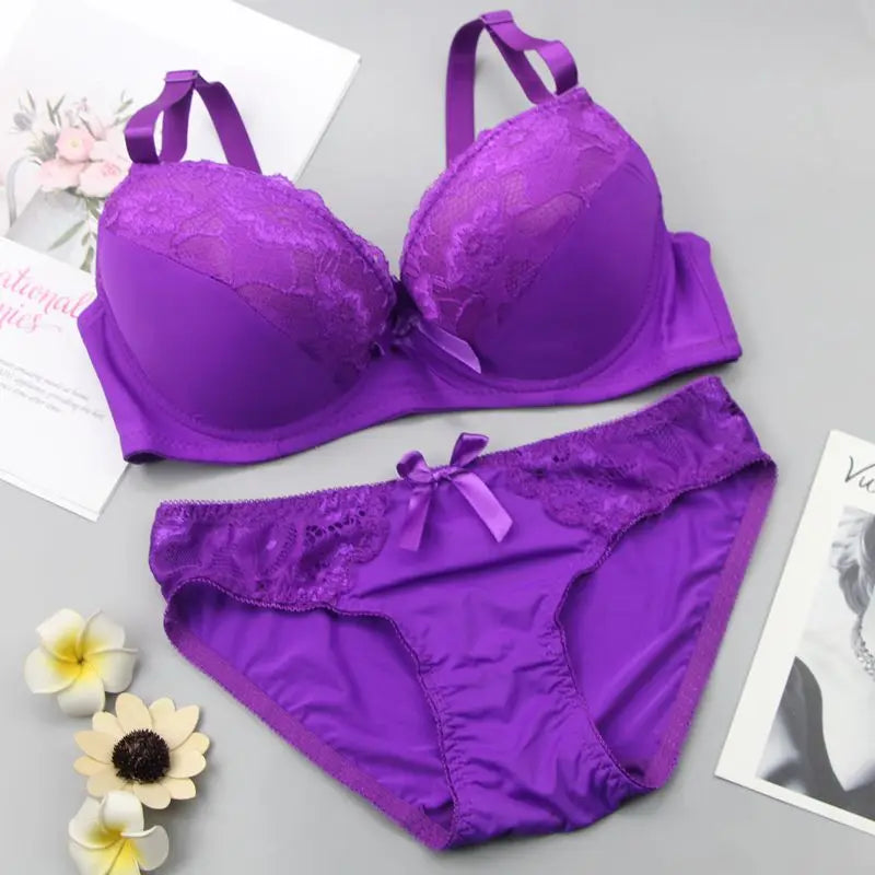 2024 New Sexy Push Up Bra Sets Lace Middle Mold Cup 2 Piece Thongs Underwear Solid Bow BCDE Female Plus Size Lingerie