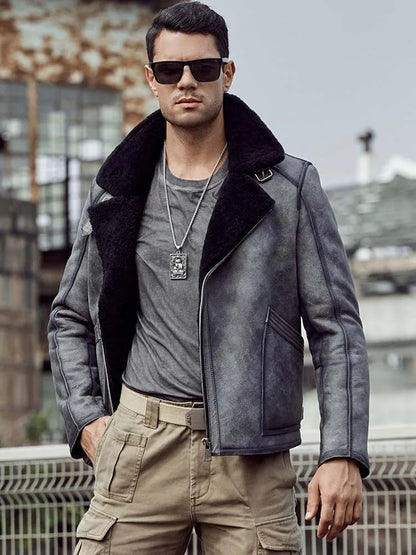 Denny&Dora Men's Grey Shearling Jacket B3 Flight Style Short Leather Motorcycle Coat with Fur Lining