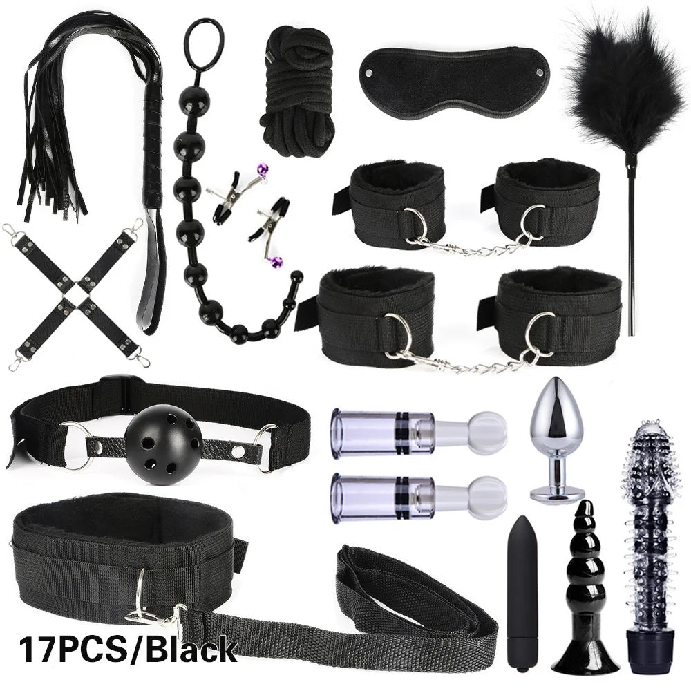 Sexy leather BDSM plush bondage bundle set blindfold handcuffs whip sex toys for women Nipple clip butt plug Exotic sex toys