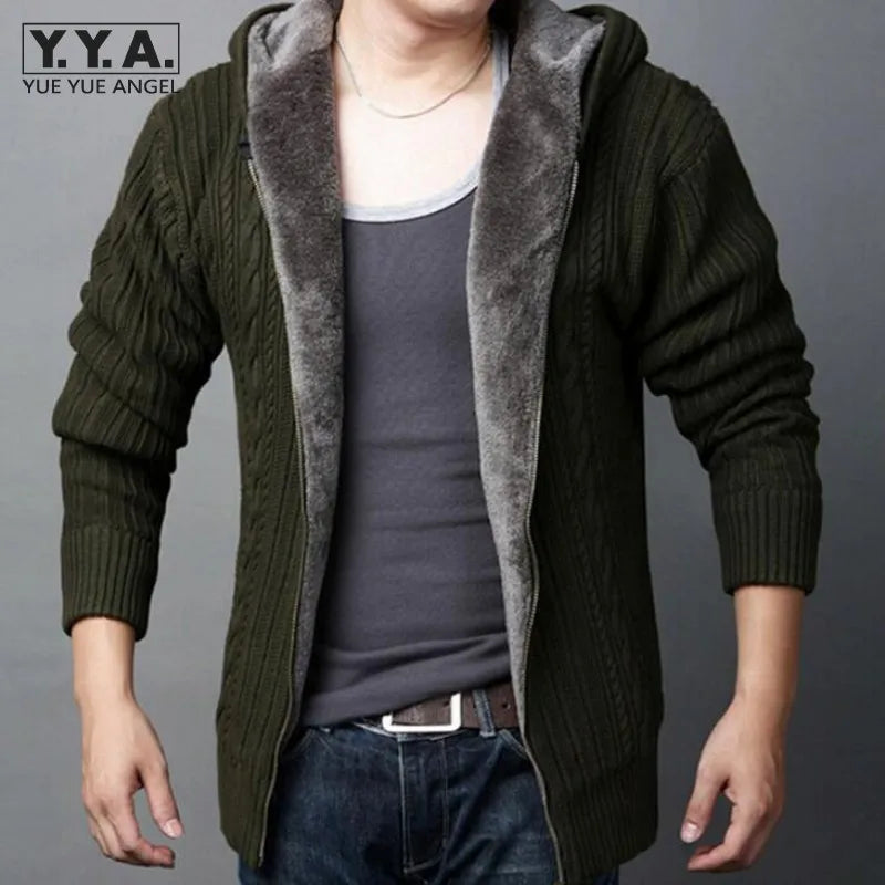 New Arrival Mens Cardigans Sweaters Casual Hooded Zipper Mens Sweaters Winter Warm Thicken Fur Lining Hombre Knitwear