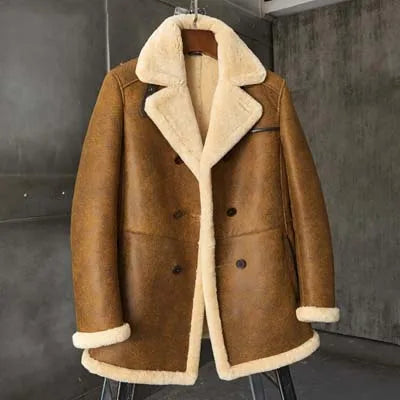Denny&Dora Men's B3 Shearling Jacket Long Winter Leather Coat Gray Warm Casual Outerwear for Men