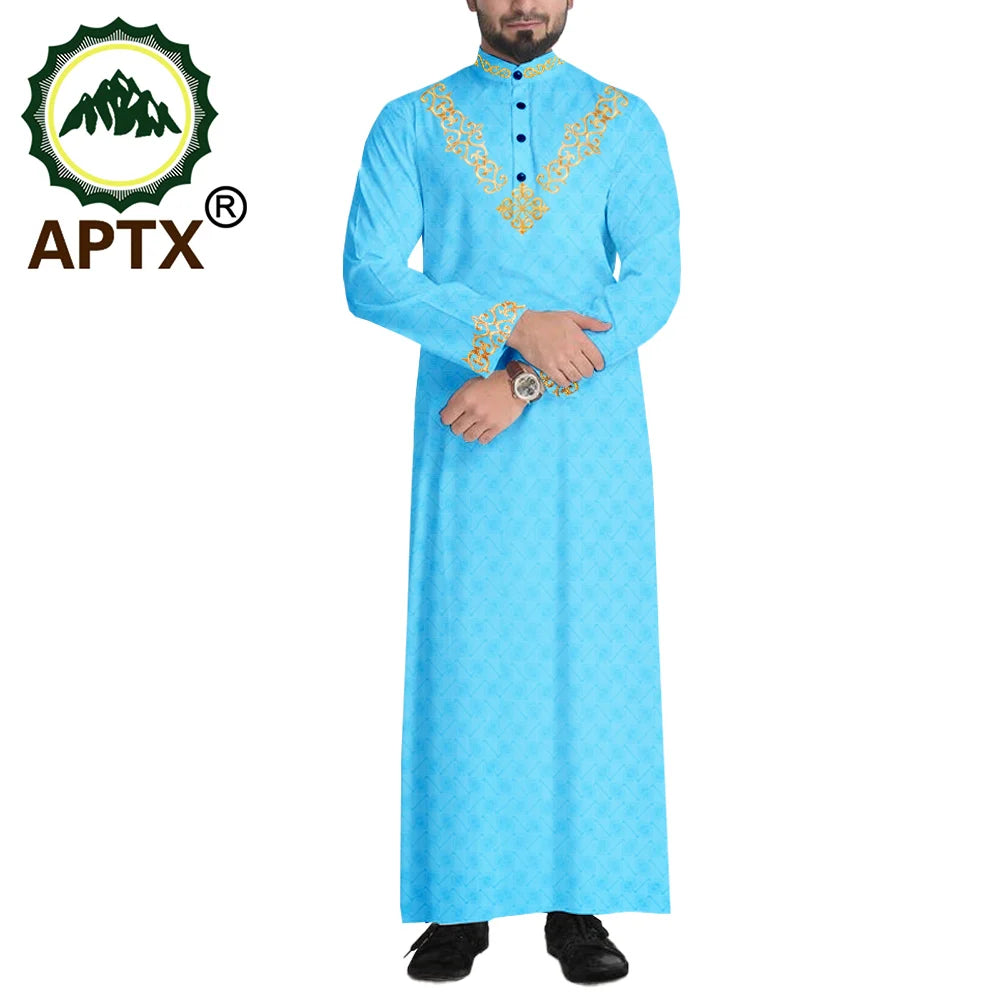 APTX Jacquard Mens Jubba Thobe Muslim Robe Long Sleeve Saudi Arab Kaftan Middle East Islamic Clothing T2014008