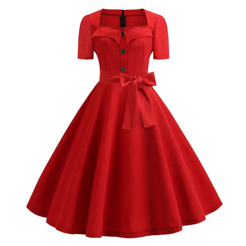 Women's Polka Dot Summer Midi Dress Square Collar Short Sleeve Elegant Vintage Casual Party Holiday Wear