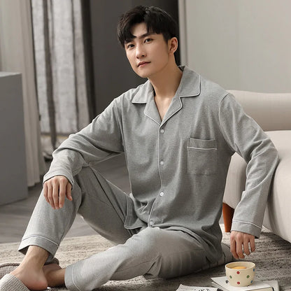 Blue Cotton Pajamas Winter Men Sleepwear Nightwear Full Sleeves PJ Pijama Hombre Home Clothes 2 Pieces Set Cotton Pyjama Homme
