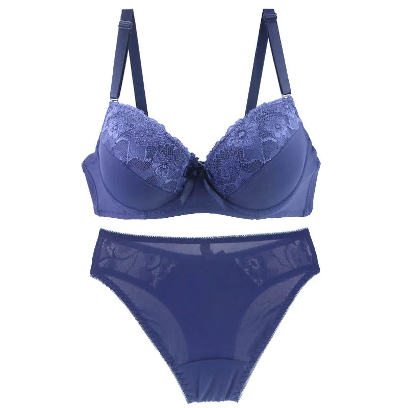 2024 New Sexy Push Up Bra Sets Lace Middle Mold Cup 2 Piece Thongs Underwear Solid Bow BCDE Female Plus Size Lingerie