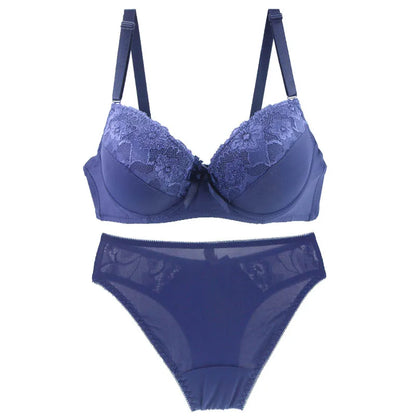 2024 New Sexy Push Up Bra Sets Lace Middle Mold Cup 2 Piece Thongs Underwear Solid Bow BCDE Female Plus Size Lingerie