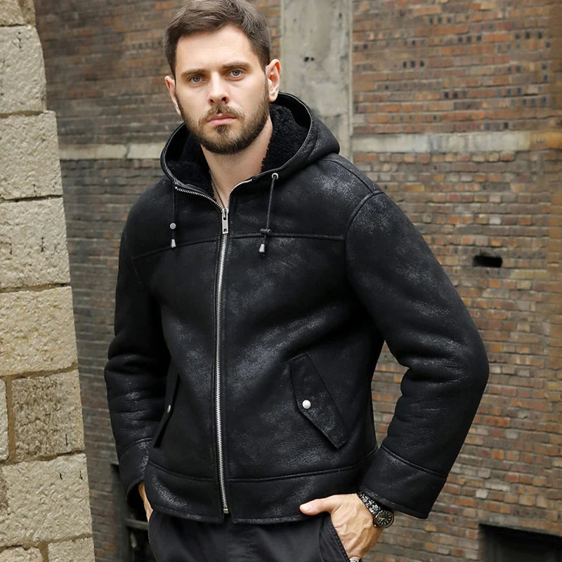 Denny&Dora Men's Shearling Jacket Black B3 Jacket Genuine Leather Sheepskin Hooded Winter Coat