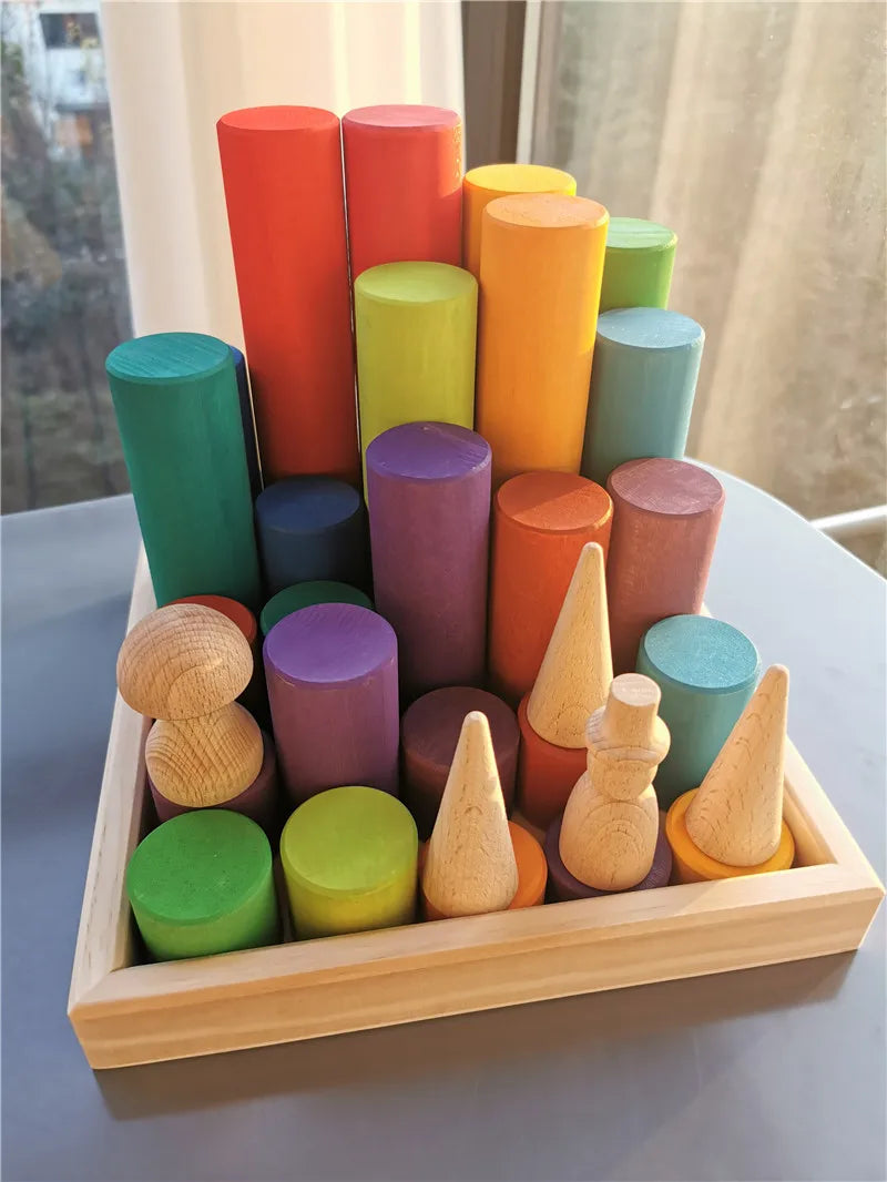 25pcs Kids Large Wood Building Rollers Rainbow Blocks Stain Basswood Stacking Cylinders Educational Creative Toys