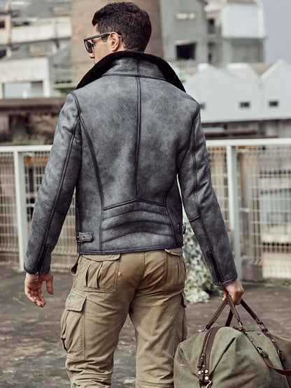 Denny&Dora Men's Grey Shearling Jacket B3 Flight Style Short Leather Motorcycle Coat with Fur Lining