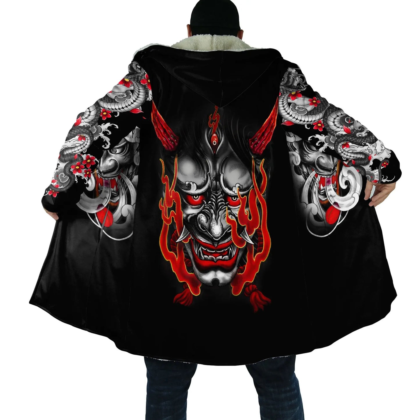 Drop shipping Winter Mens Cloak Samurai Oni Mask Tattoo 3D Printing Fleece Hooded cloak Unisex Casual Thick Warm Cape coat PF31