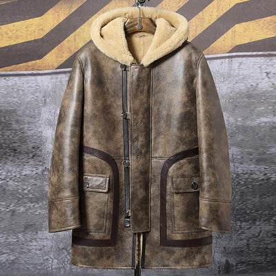 Denny&Dora Men's Long Shearling Jacket Sheepskin Hooded Fur Coat Thick Winter Leather Coat for Men