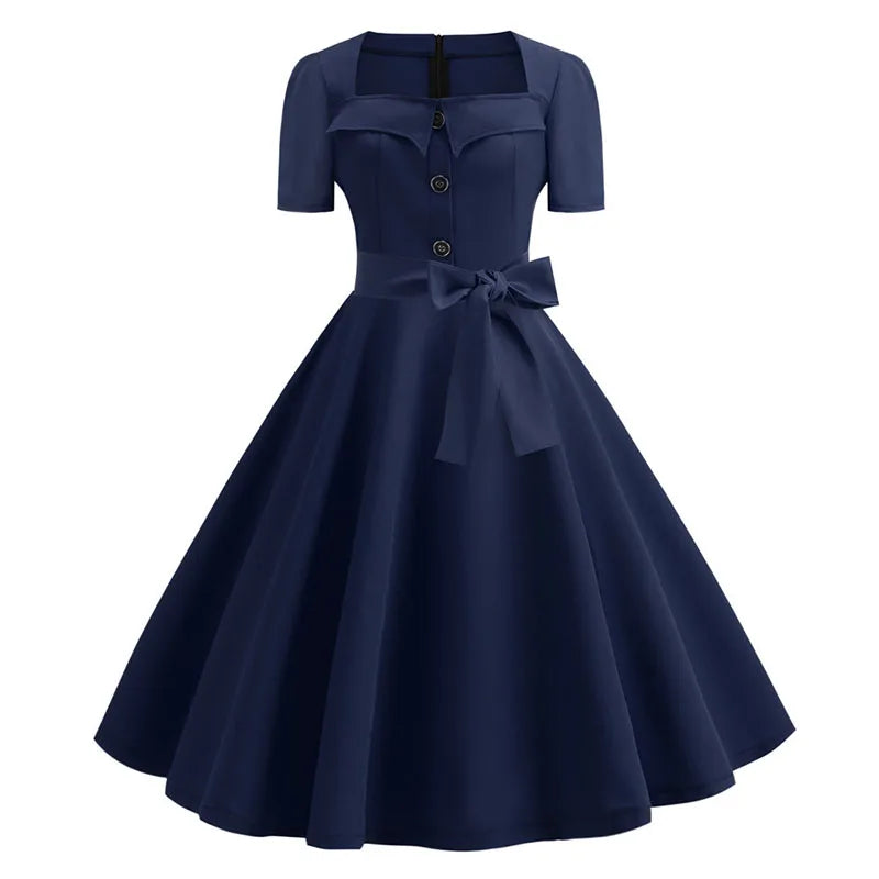 Women's Polka Dot Summer Midi Dress Square Collar Short Sleeve Elegant Vintage Casual Party Holiday Wear