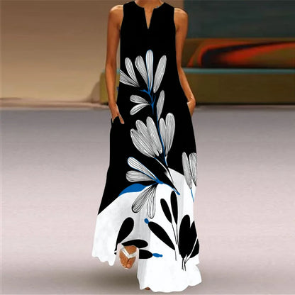 Sexy V-neck Sleeveless Dress For Women Summer Fashion Sundress Retro Print Long Dresses With Pocket Maxi Dress Femme Vestidos