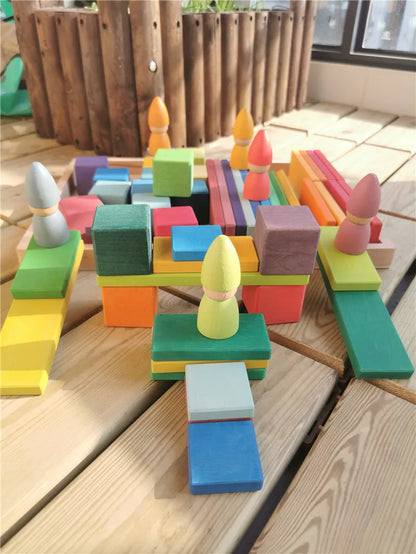 Large Rainbow Wood Building Slats Construct Cubes Blocks Pastel Stacking Timber Toys for Kids Early Learning