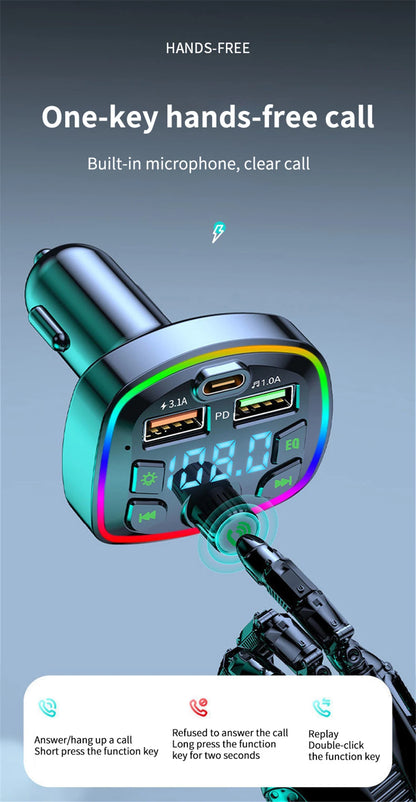 Car Bluetooth 5.0 FM Transmitter PD 18W Type-C Dual USB 4.2A Fast Charger LED Backlit Atmosphere Light MP3 Player Lossless Music