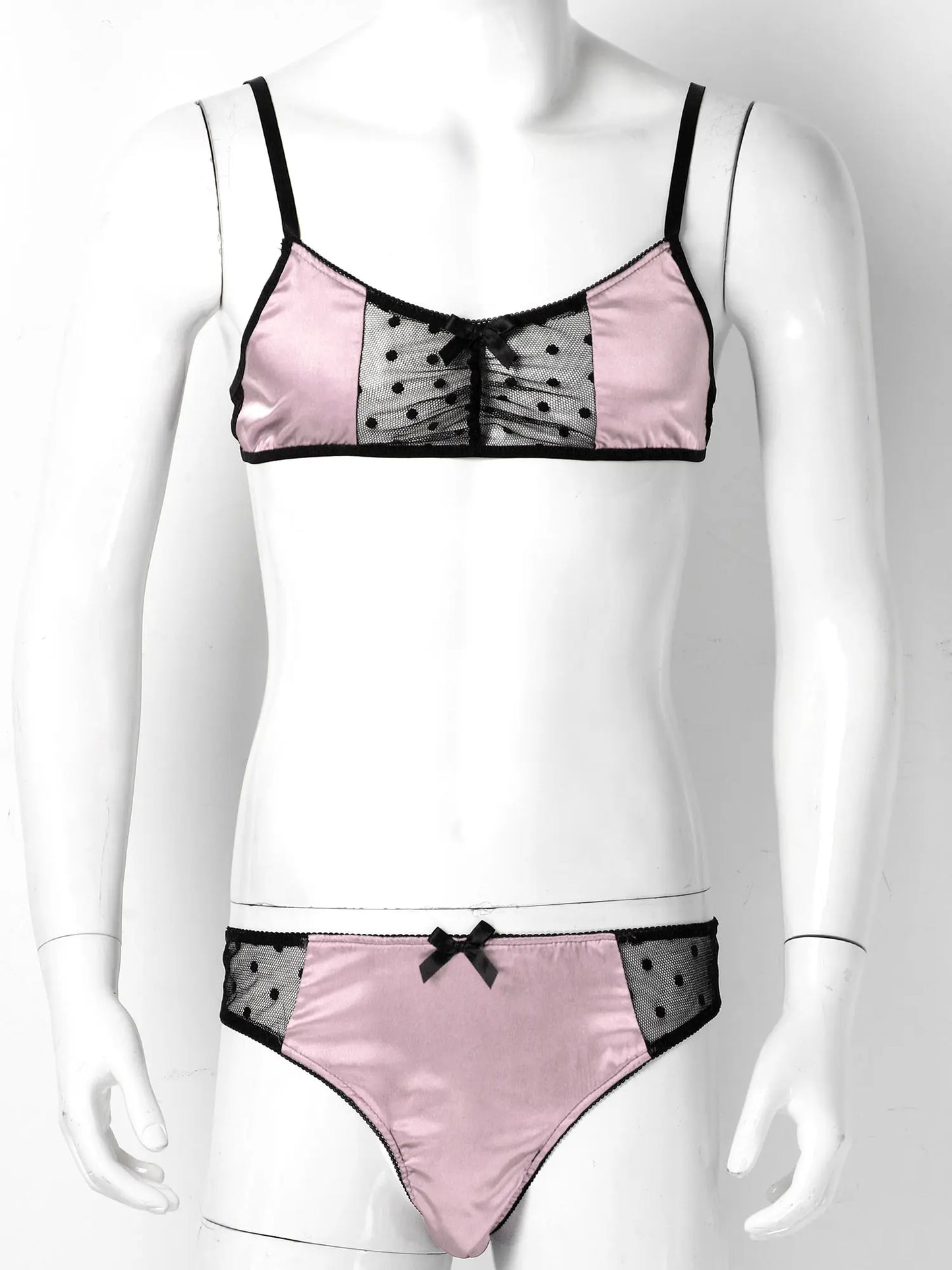 Men Satin Lingerie Suit Sissy Nightwear Sheer Mesh Patchwork Bra Tops with Briefs Thongs Exotic Sleepwear Gay Male Underwear