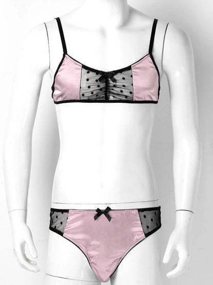 Men Satin Lingerie Suit Sissy Nightwear Sheer Mesh Patchwork Bra Tops with Briefs Thongs Exotic Sleepwear Gay Male Underwear