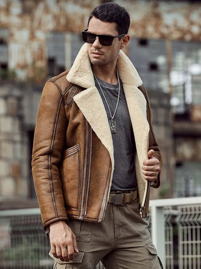 Denny&Dora Men's Brown Leather B3 Shearling Flight Jacket Short Fur Motorcycle Parkas Fashion Overcoat