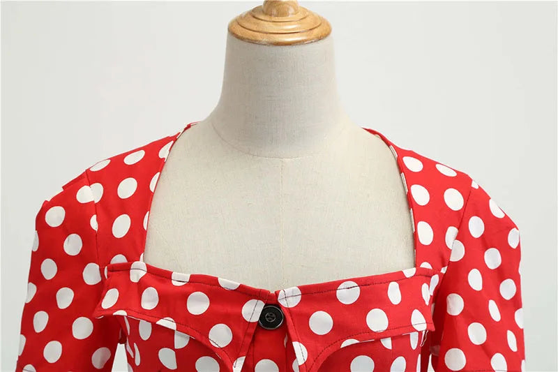 Women's Polka Dot Summer Midi Dress Square Collar Short Sleeve Elegant Vintage Casual Party Holiday Wear