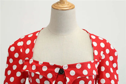 Women's Polka Dot Summer Midi Dress Square Collar Short Sleeve Elegant Vintage Casual Party Holiday Wear