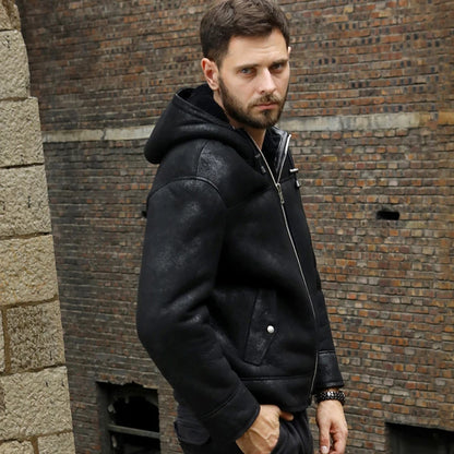Denny&Dora Men's Shearling Jacket Black B3 Jacket Genuine Leather Sheepskin Hooded Winter Coat