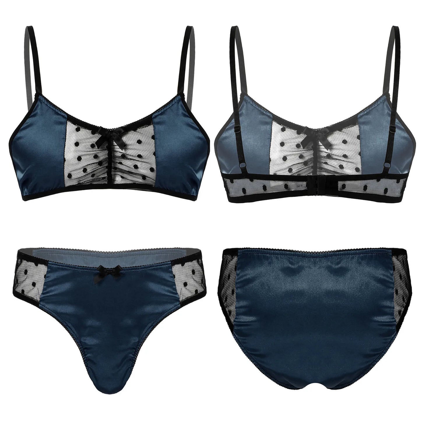 Men Satin Lingerie Suit Sissy Nightwear Sheer Mesh Patchwork Bra Tops with Briefs Thongs Exotic Sleepwear Gay Male Underwear