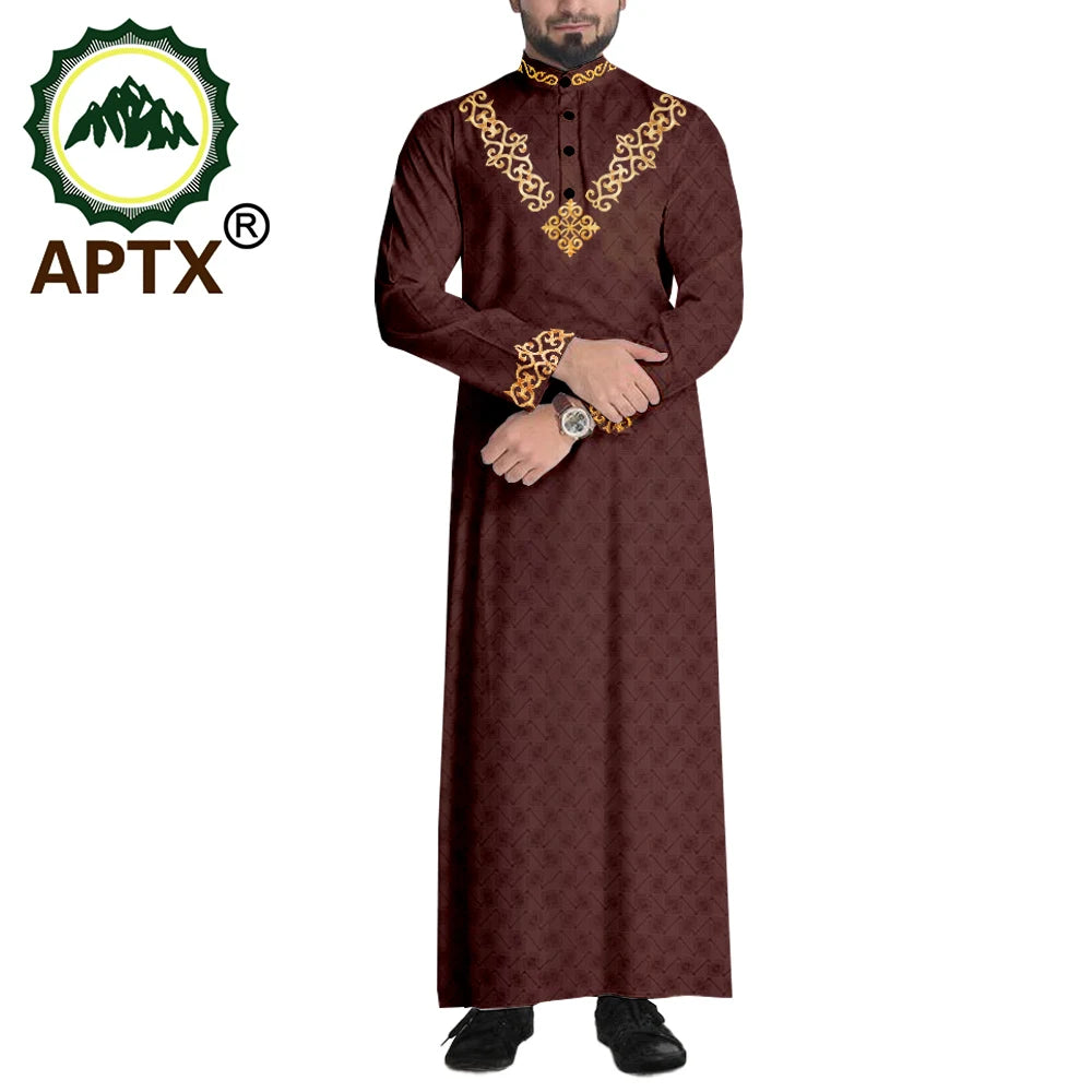 APTX Jacquard Mens Jubba Thobe Muslim Robe Long Sleeve Saudi Arab Kaftan Middle East Islamic Clothing T2014008