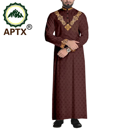 APTX Jacquard Mens Jubba Thobe Muslim Robe Long Sleeve Saudi Arab Kaftan Middle East Islamic Clothing T2014008