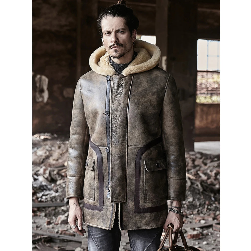 Denny&Dora Men's Long Shearling Jacket Sheepskin Hooded Fur Coat Thick Winter Leather Coat for Men