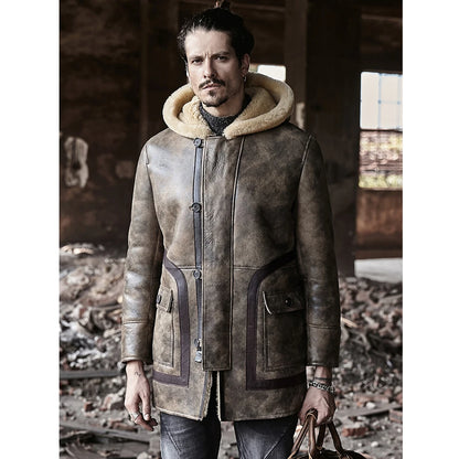 Denny&Dora Men's Long Shearling Jacket Sheepskin Hooded Fur Coat Thick Winter Leather Coat for Men
