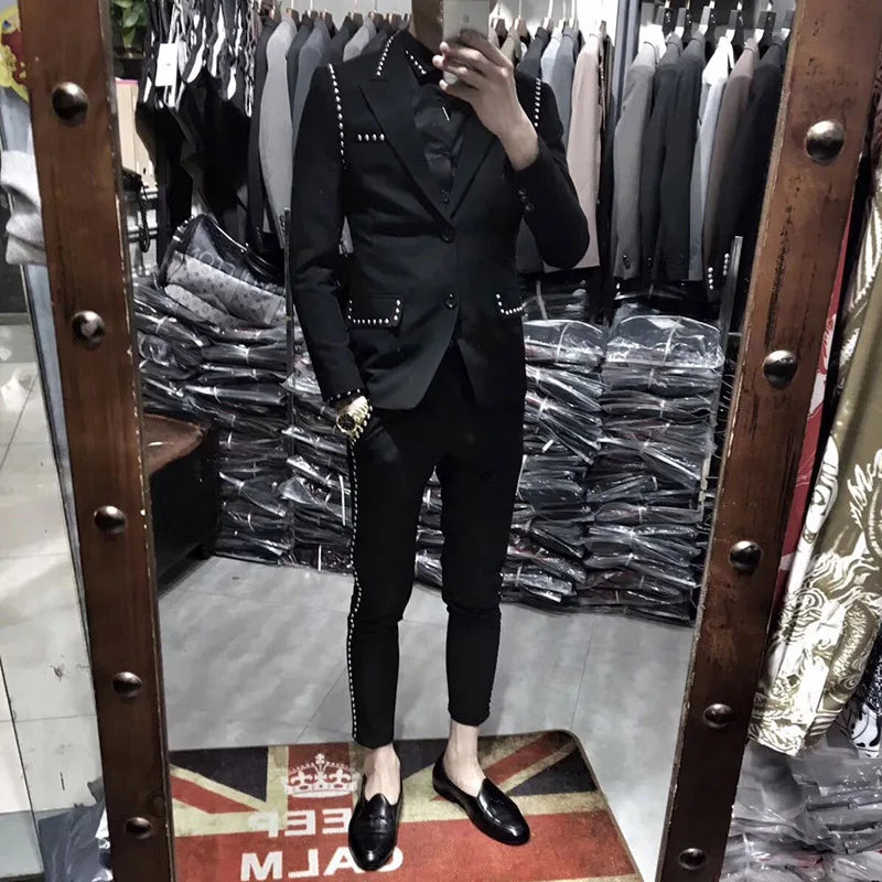 Suit Jacket Set Men England Style Black Single Breasted Slim Fit Blazer Pants Two Piece Set Fashion Night Club Rivets Coat